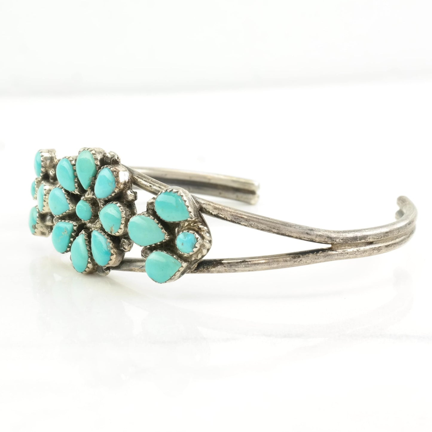 Native American Sterling Silver Cuff Bracelet Blue Turquoise Floral, Cluster