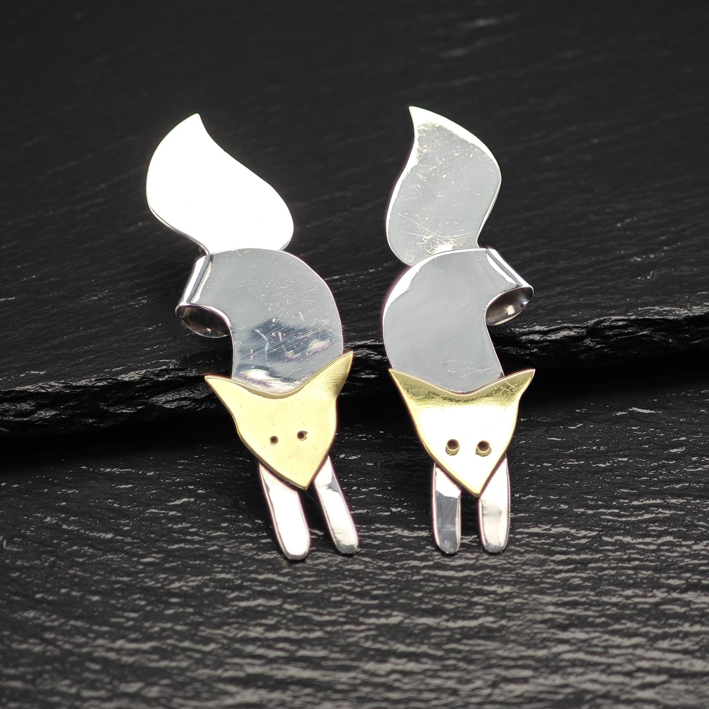 Vintage Gold Tone Fox, Brass Animal Stud Earrings Sterling Silver