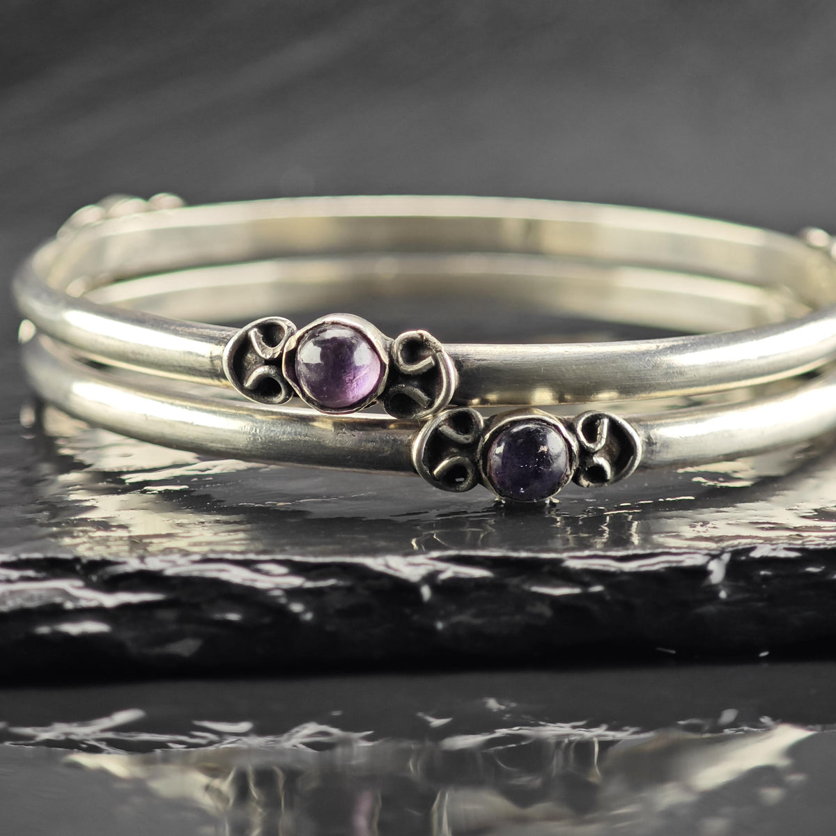Taxco Amethyst Bangle Sterling Silver Sz 8" BR3173