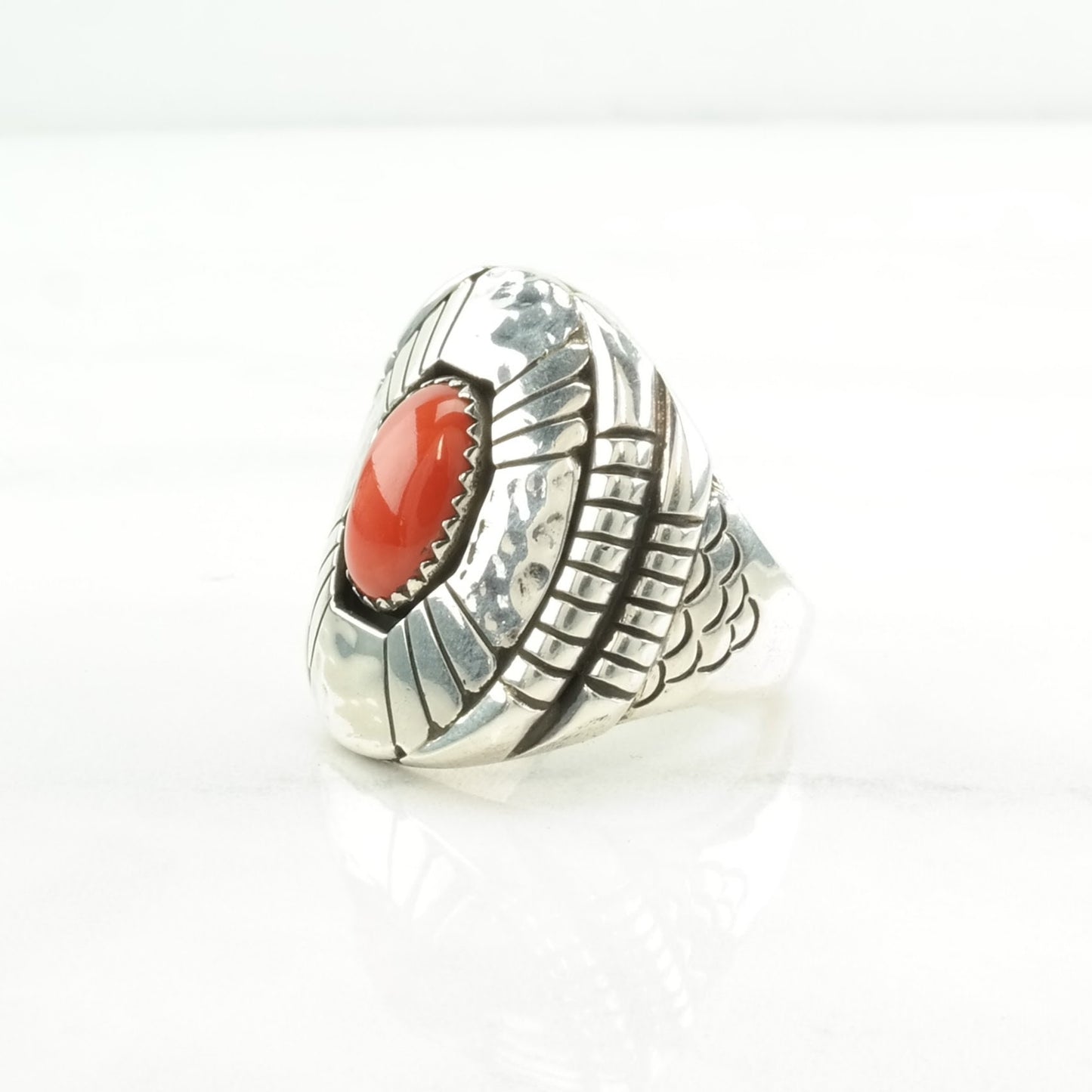 Native American Silver Ring Coral Shadowbox Sterling Red Size 11 1/4