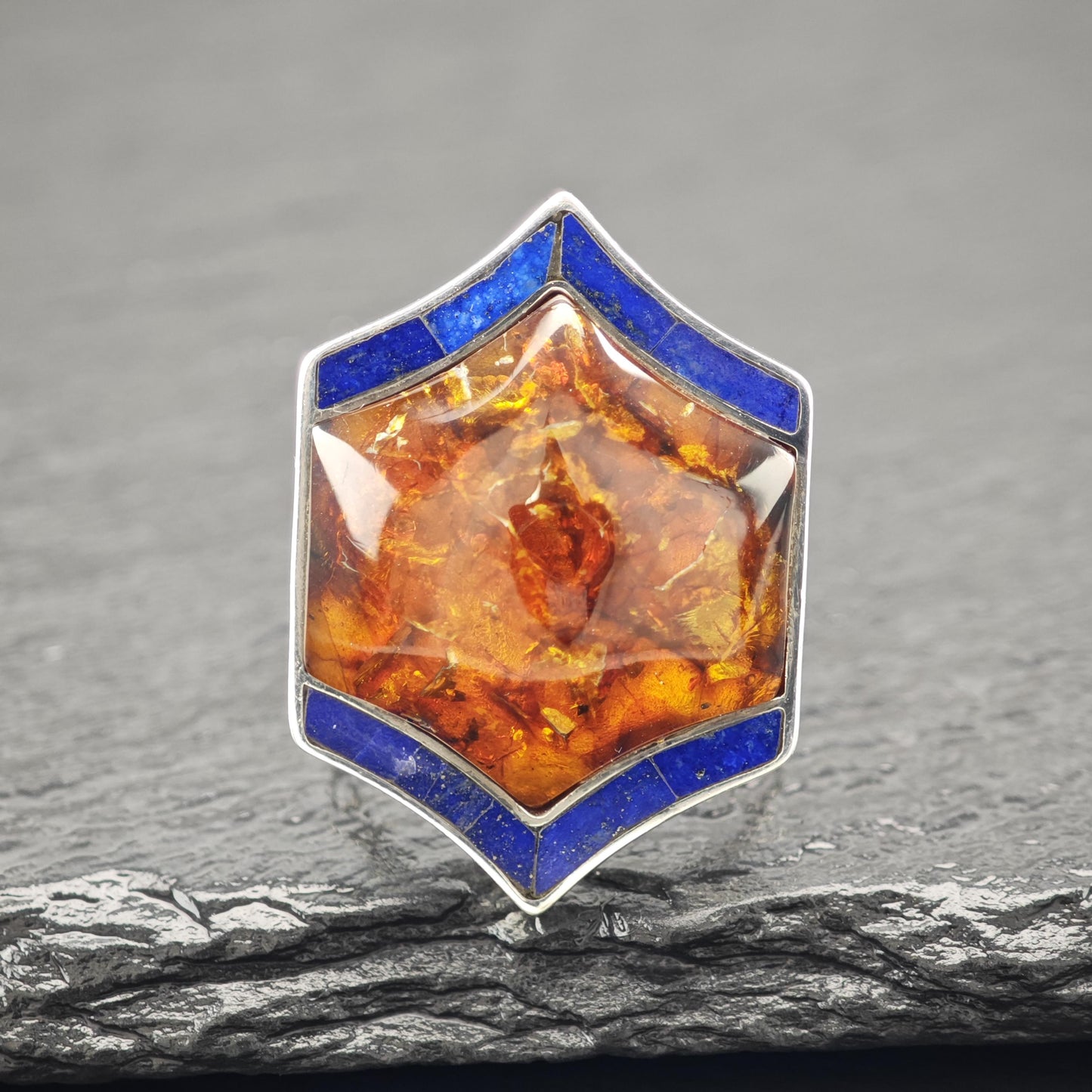 Amber and Lapis Ring Sterling Silver Size 9 R5957
