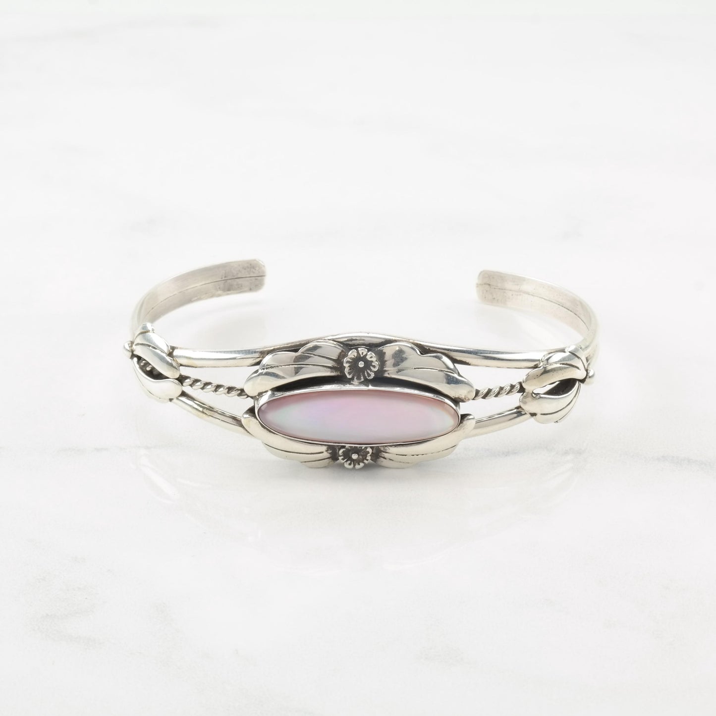 Native American Pink Mother of Pearl, Floral Sterling Silver Cuff Bracelet