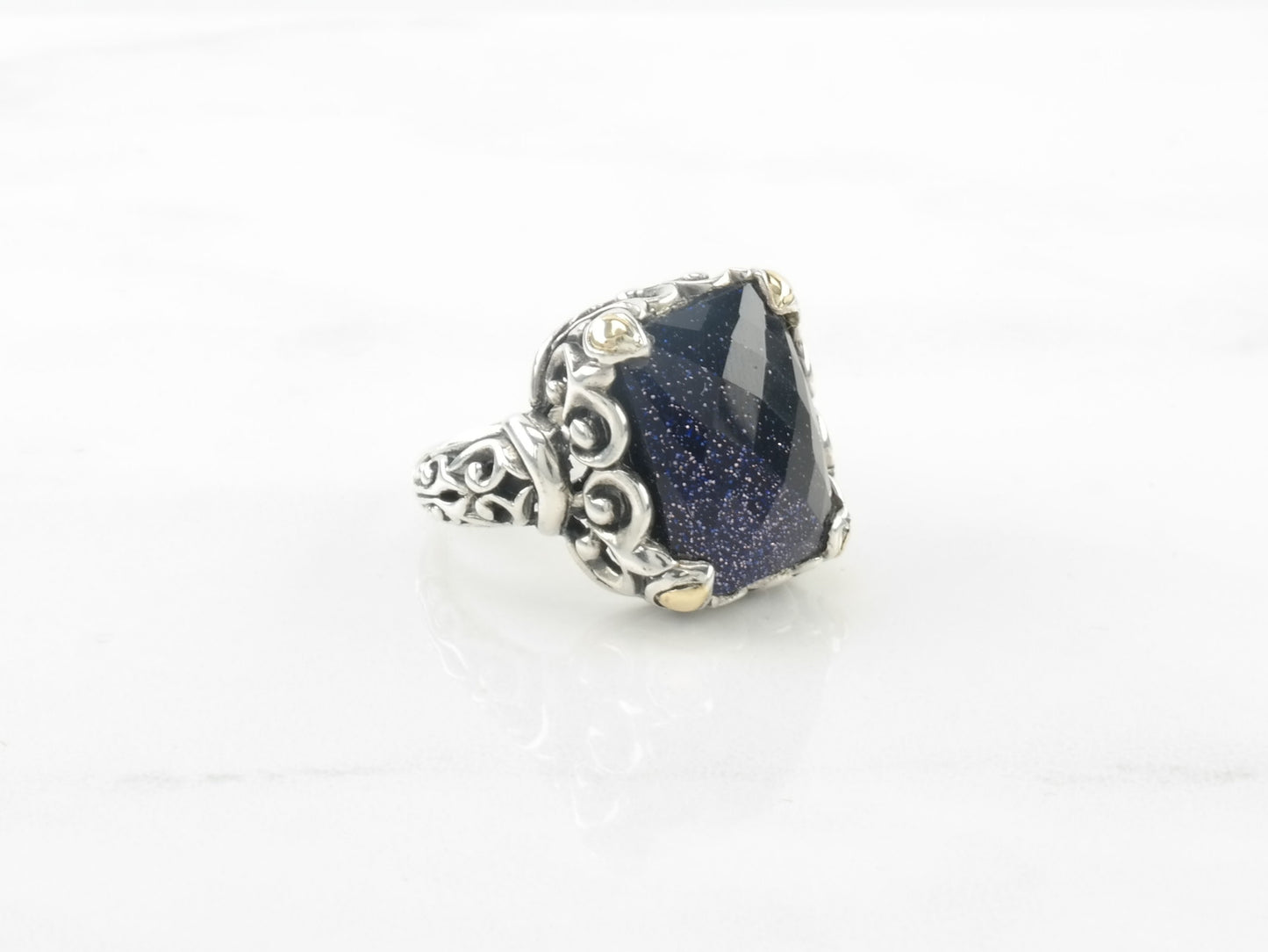 Vintage Robert Manse Sterling Silver Ring Blue Druzy 18K Gold Size 7