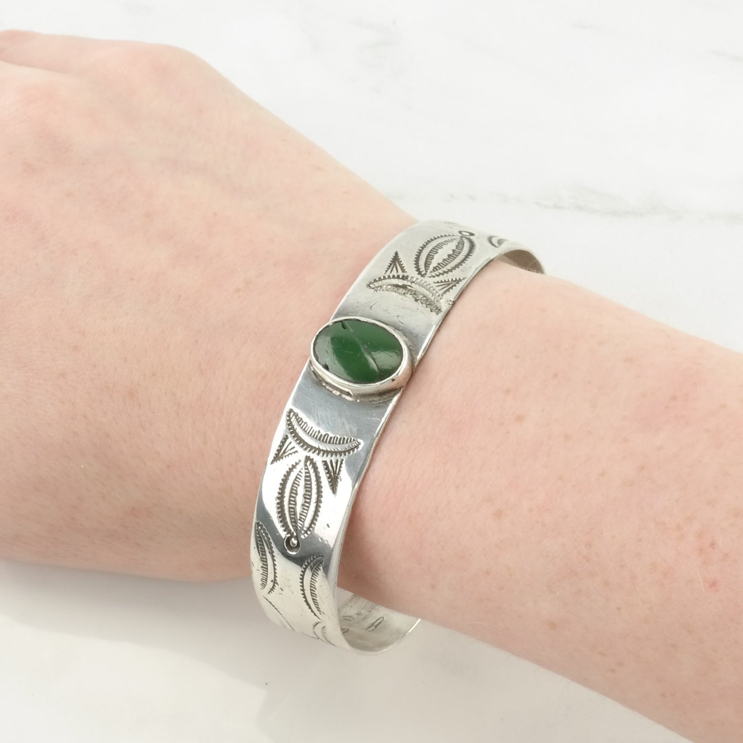 Early, Native American Sterling Silver Cuff Bracelet Olive Green Turquoise Stamped