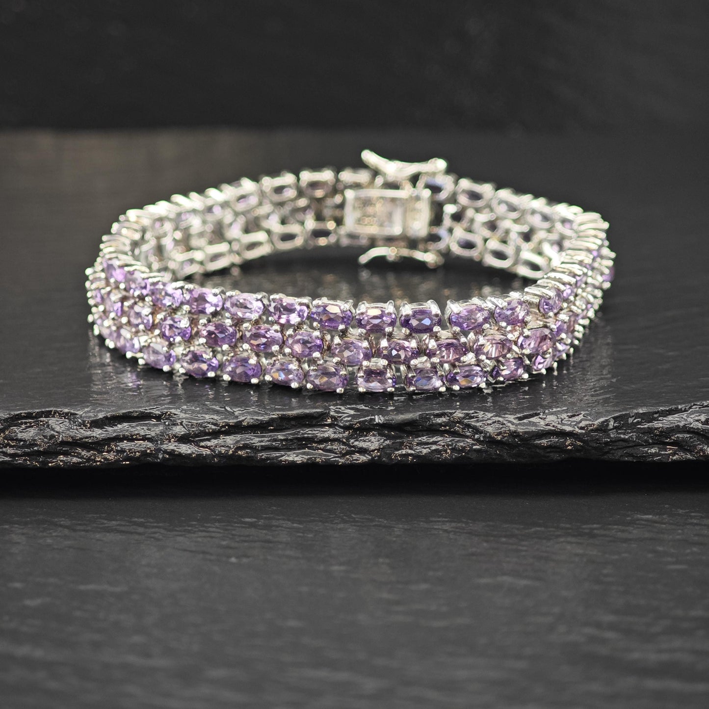 Amethyst Triple Strand Line Bracelet Sterling Silver Size 7"