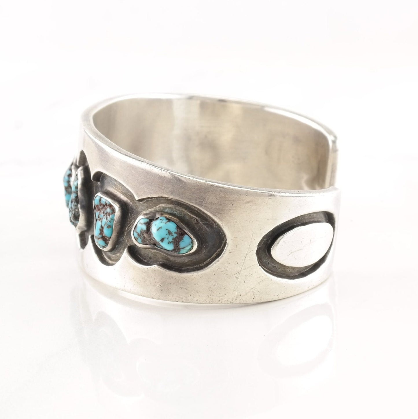 Native American Sterling Silver Cuff Bracelet Spiderweb Turquoise Nuggets