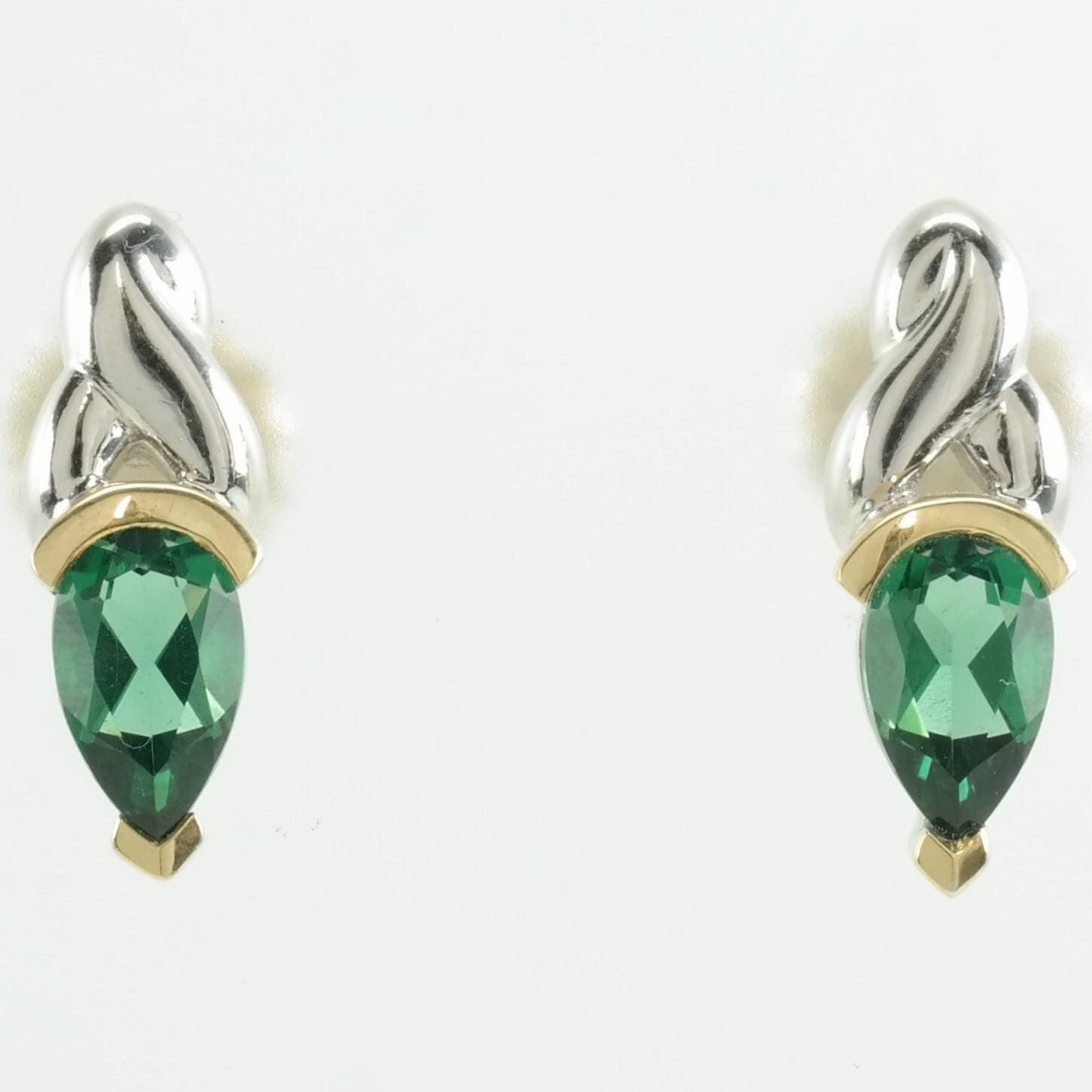 Vintage Sterling Silver Green Gemstone 18K Gold Earrings Stud