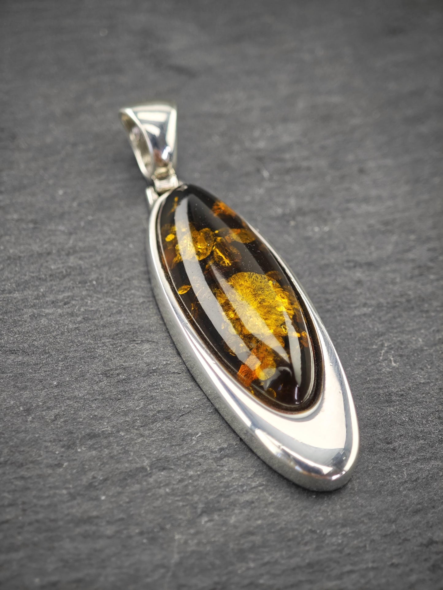 Vintage Modernist Amber Pendant, Poland Sterling Silver