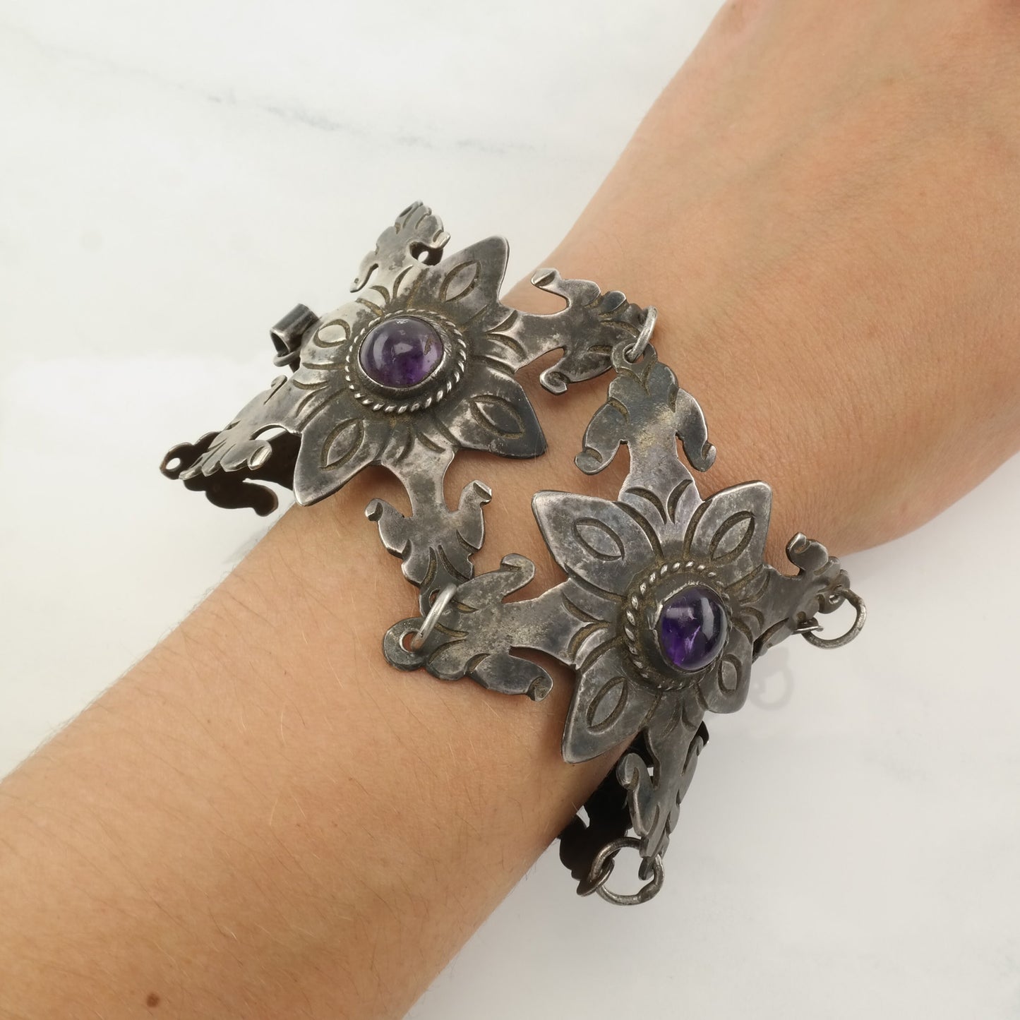 Pre Eagle, Taxco Sterling Silver Link Bracelet Purple Amethyst Floral