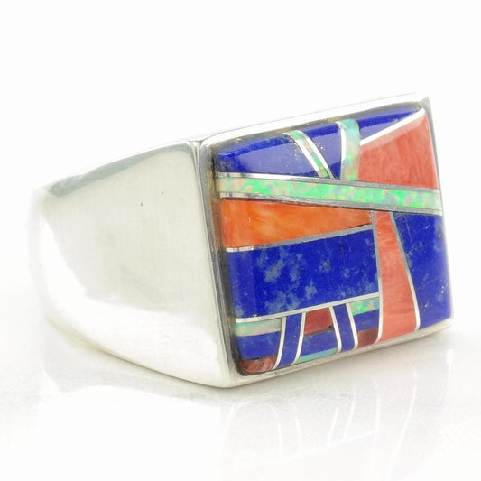 Vintage Sterling Silver Inlay Ring, Lapis Lazuli, Opal, Coral, Southwest Style, Mens Ring, Size 10 3/4, Ferris