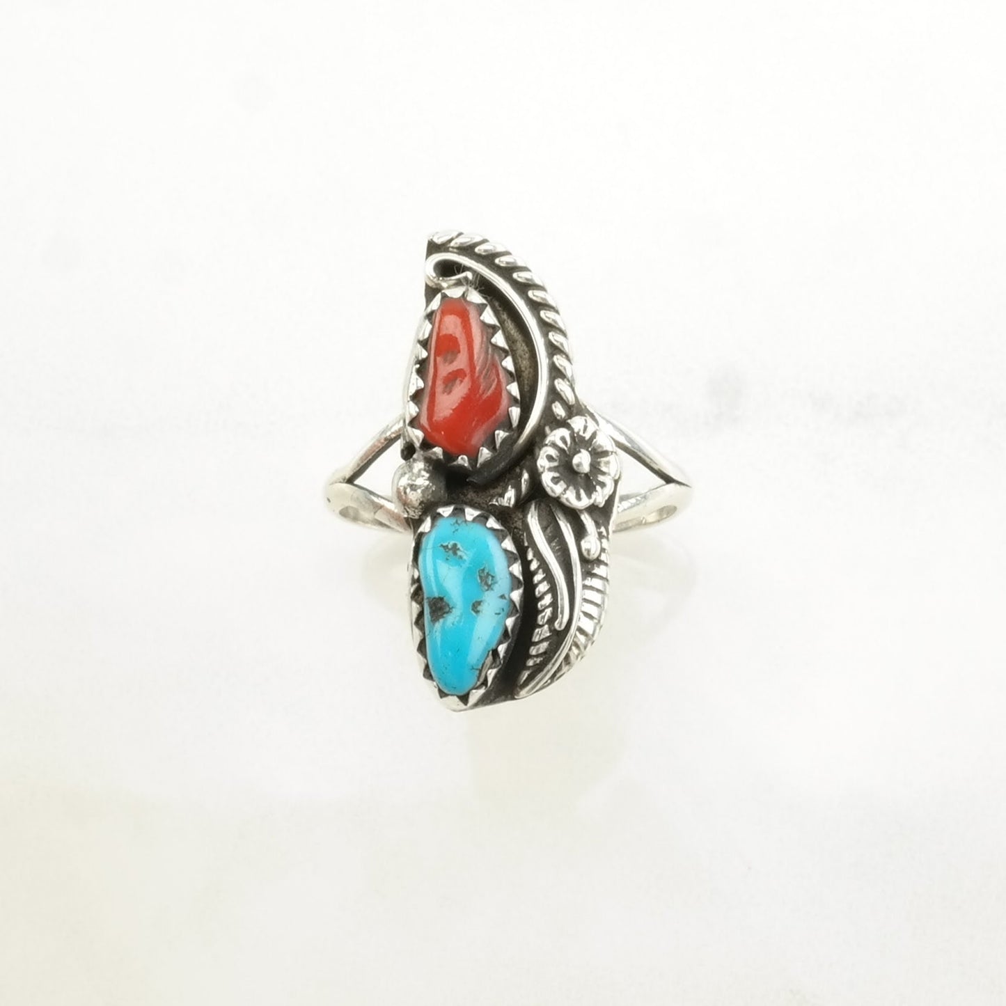 Native American Silver Ring Turquoise, Coral Floral Sterling Blue, Red Size 6 1/4