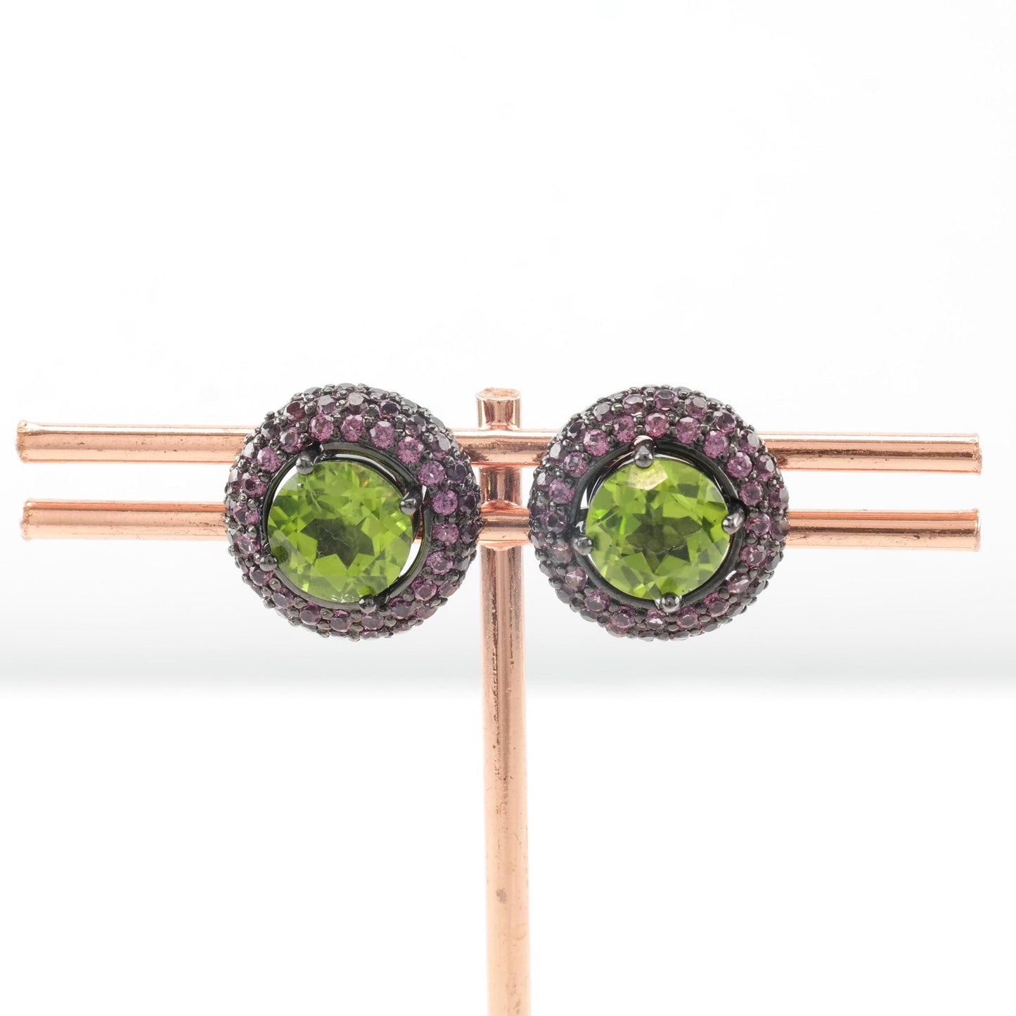 Vintage Oxidized Sterling Silver Stud Earrings Natural Peridot Garnet