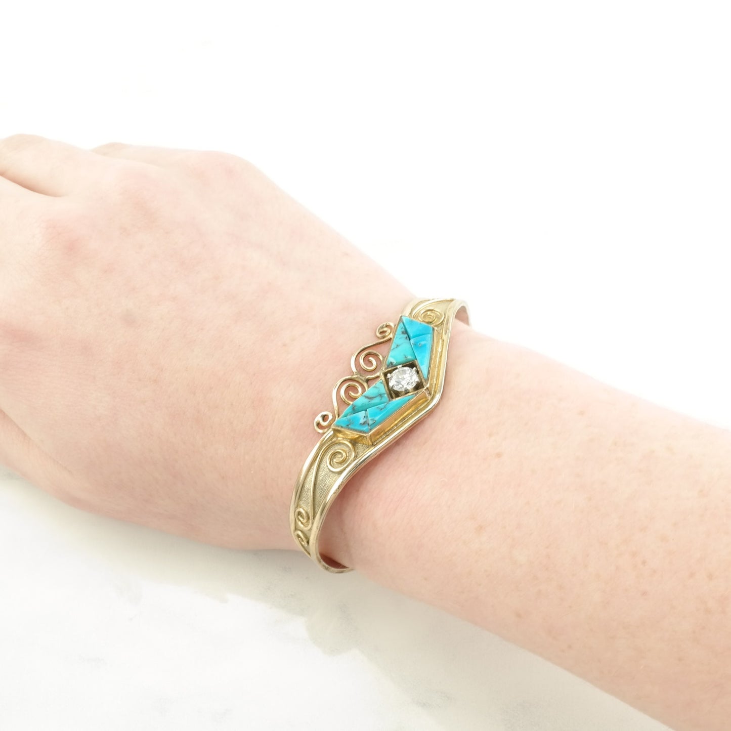 Native American Sterling Silver Cuff Bracelet Blue Turquoise, White Gemstone 12K Gold Filled