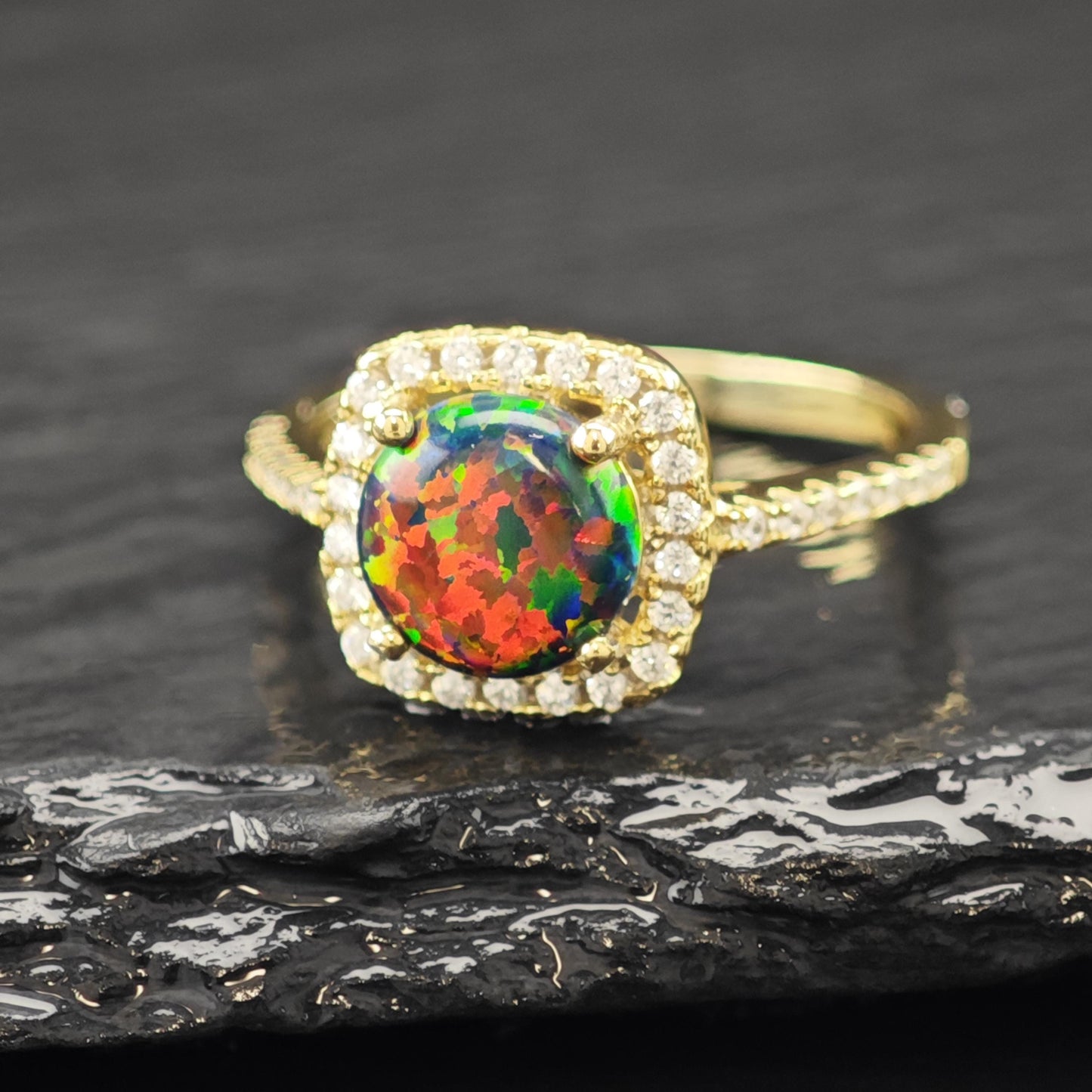 Lab Black Opal Halo 14K Gold Plated Ring Sterling Silver Sz 7 1/2 R6178