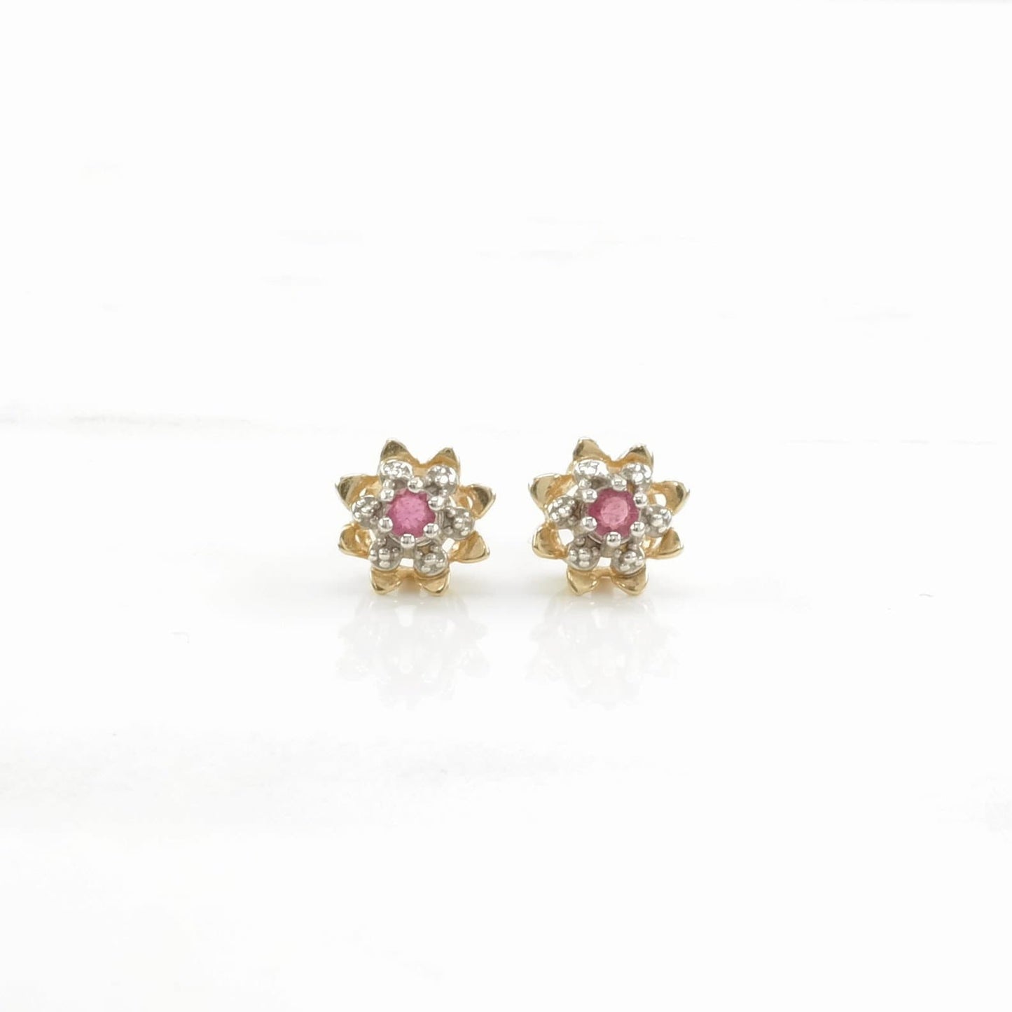 Vintage 14k Gold Stud Earrings Pink Ruby Floral