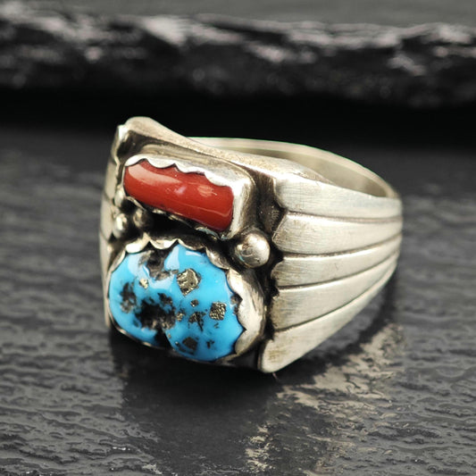 Vintage Native American Turquoise & Coral Sterling Silver Ring Sz 10 3/4 R6627
