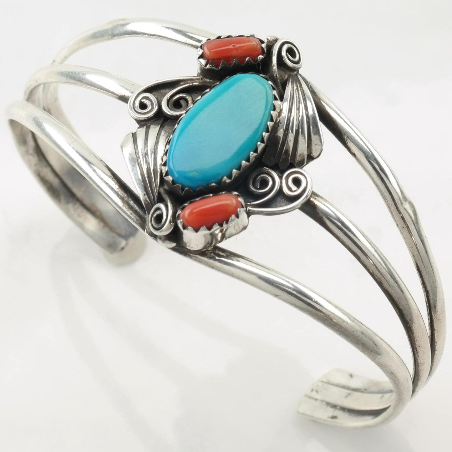 Native American Turquoise, Coral Sterling Silver Cuff Bracelet