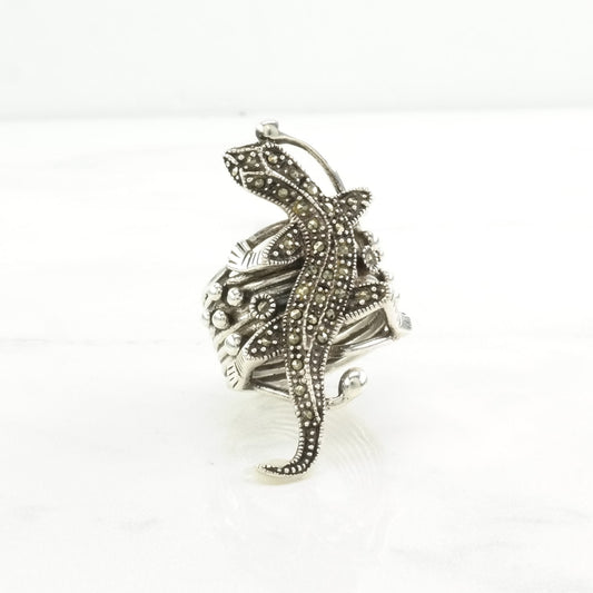 Sterling Silver Lizard Ring Marcasite , Animal Size 7 3/4