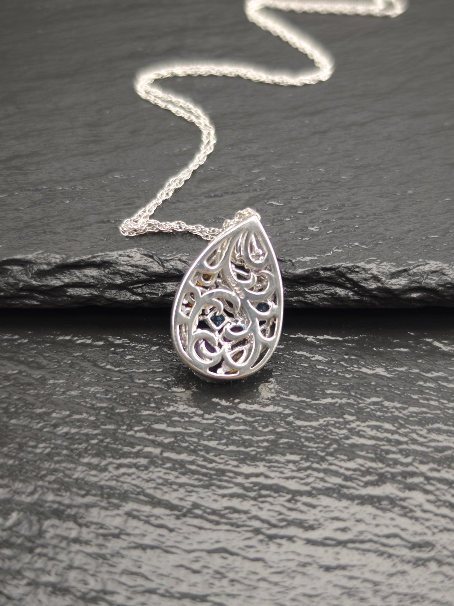 Designer Diamond, Amethyst, Gemstones Teardrop Necklace Sterling Silver N2516
