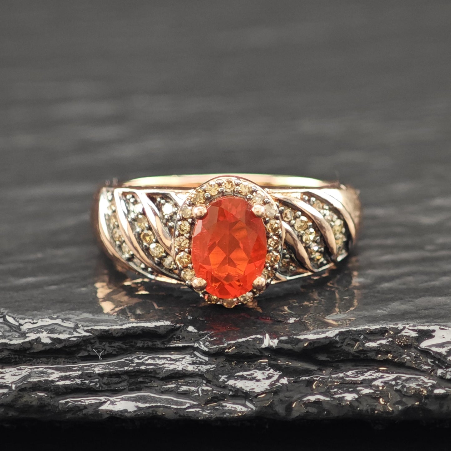 Fire Opal Brown Diamond 14K Rose Gold Plated Ring Sterling Silver Sz 5 R6170