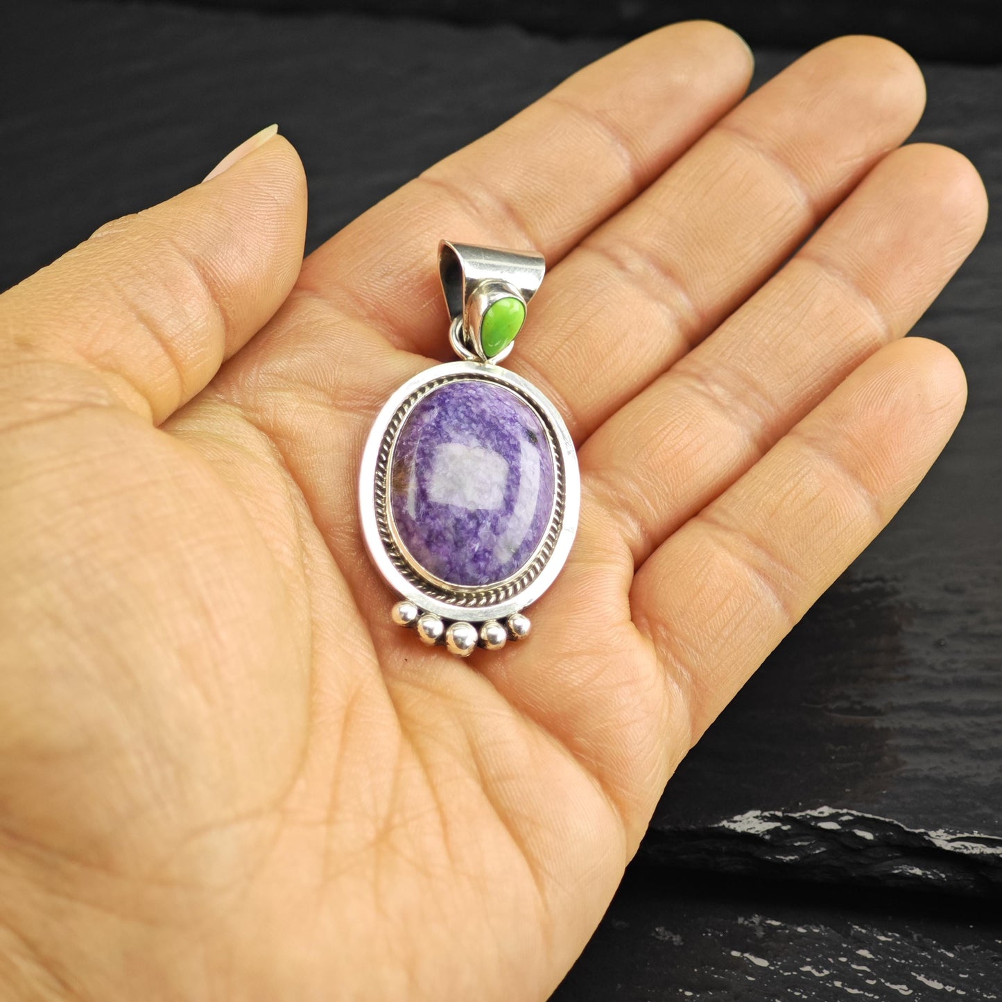 Vintage Running Bear Charoite Pendant Sterling Silver P3065