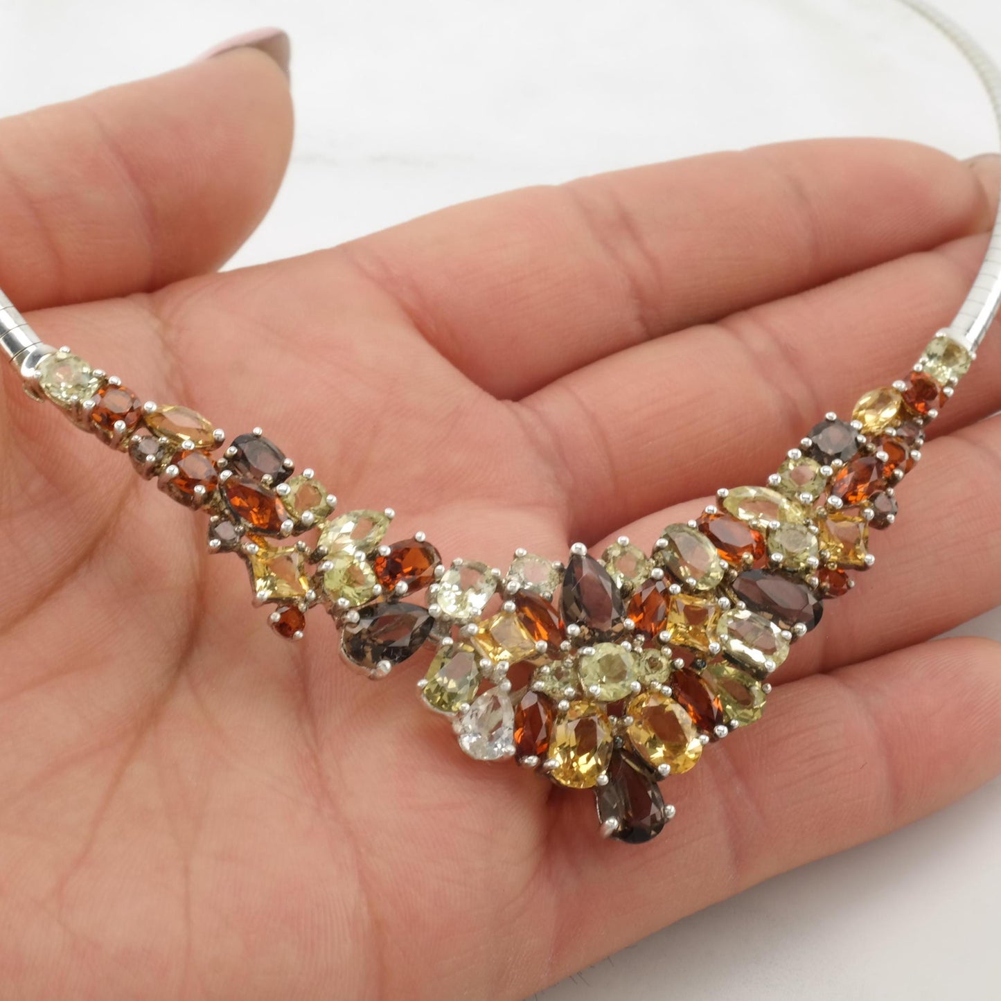 Vintage Michelle Albala Citrine, Quartz Gemstones Sterling Silver Cluster Collar Necklace