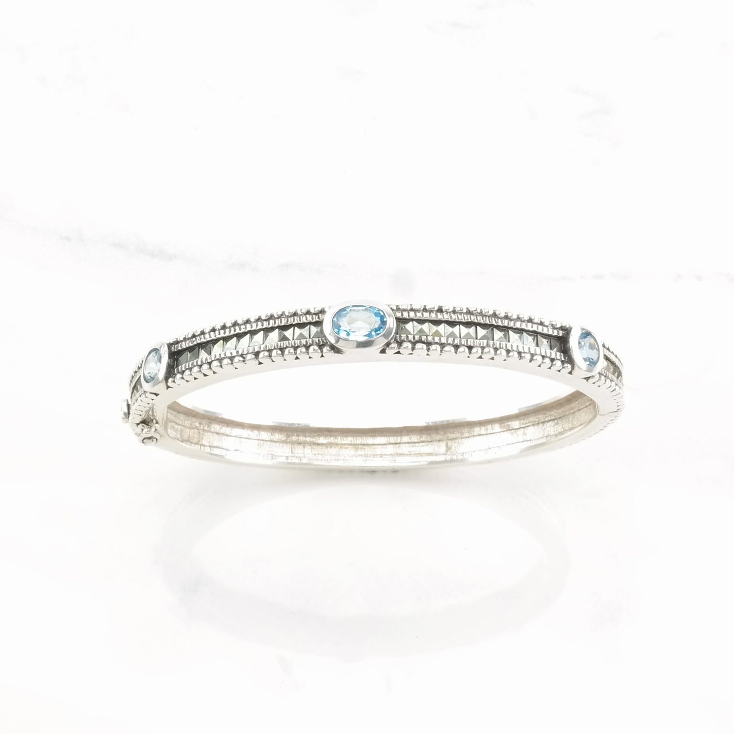 Sterling Silver Bangle Bracelet Blue Topaz Marcasite