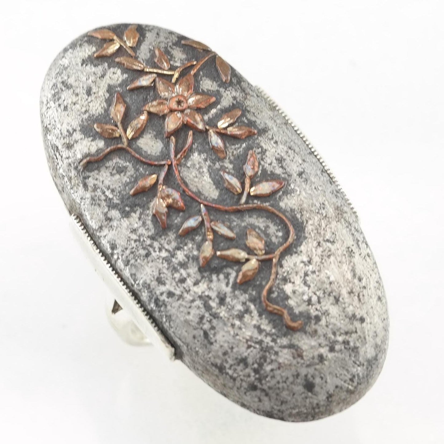 Meiji Period, Japanese Silver Ring Shakudo Floral Tree Sterling Grey Tone, Copper Tone Size 5