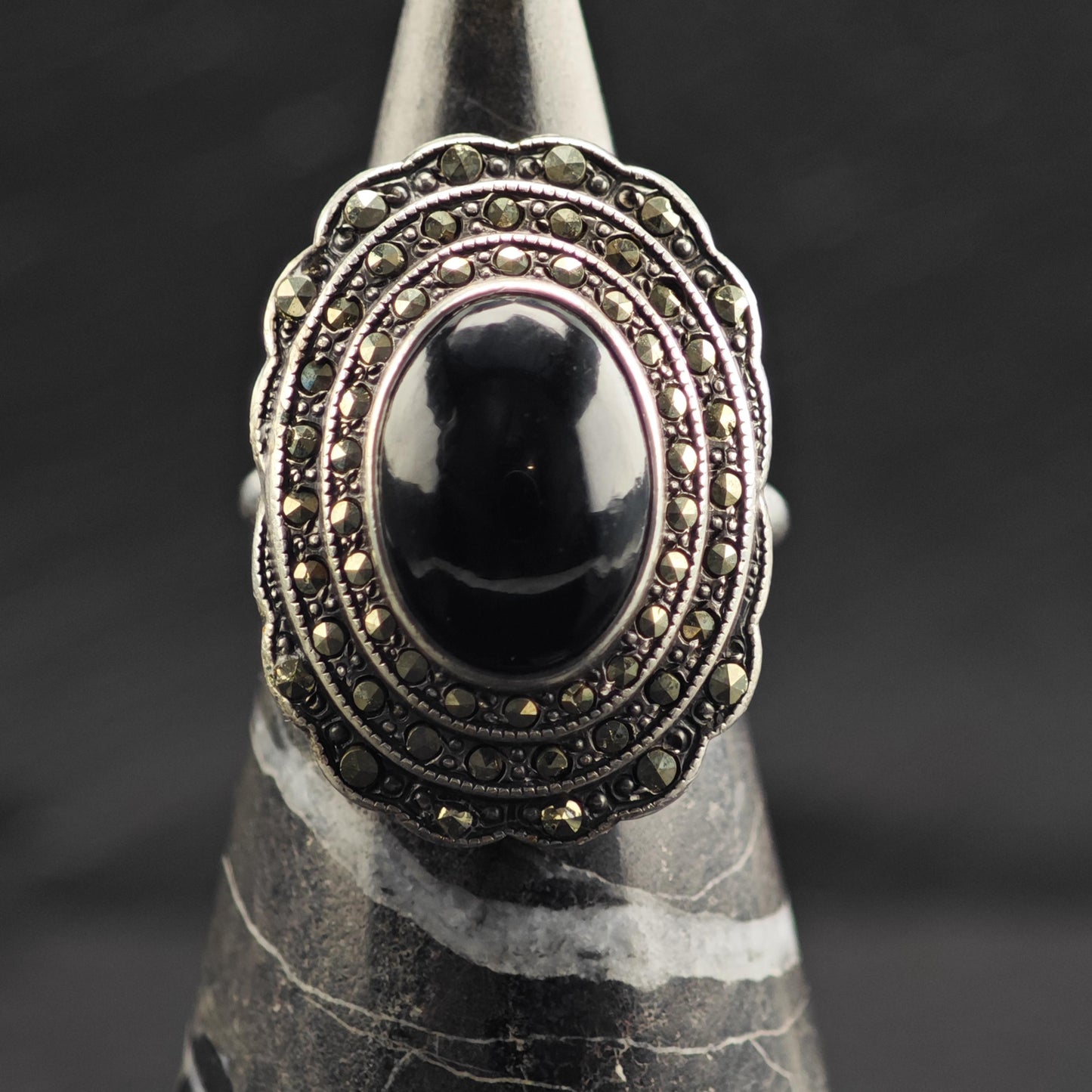 Large Art Deco Onyx Cabochon Sterling Silver Ring Sz 6 3/4 R6707Dor