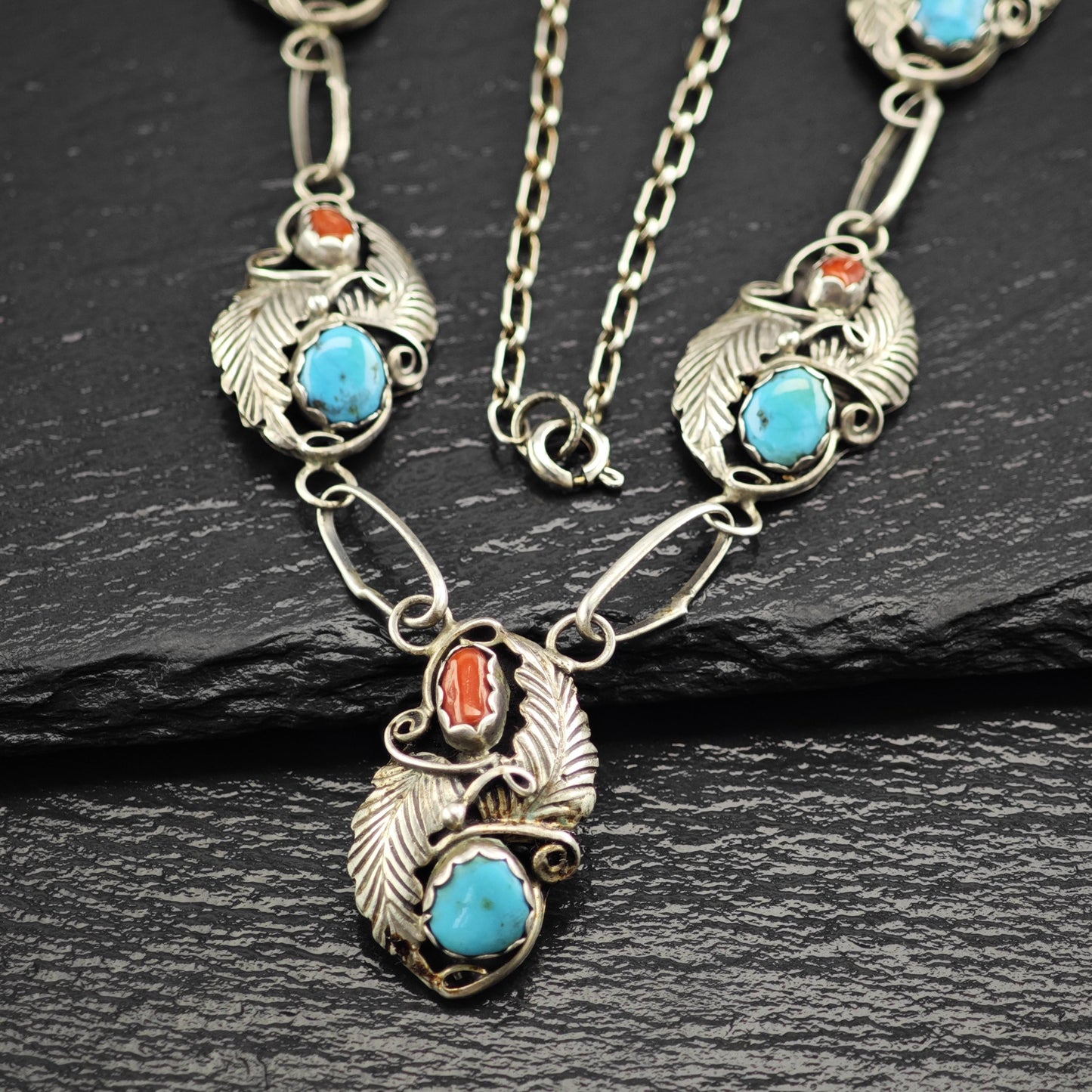 Native Sterling Silver Blue, Red Turquoise, Coral Floral, Shadowbox Necklace N2593