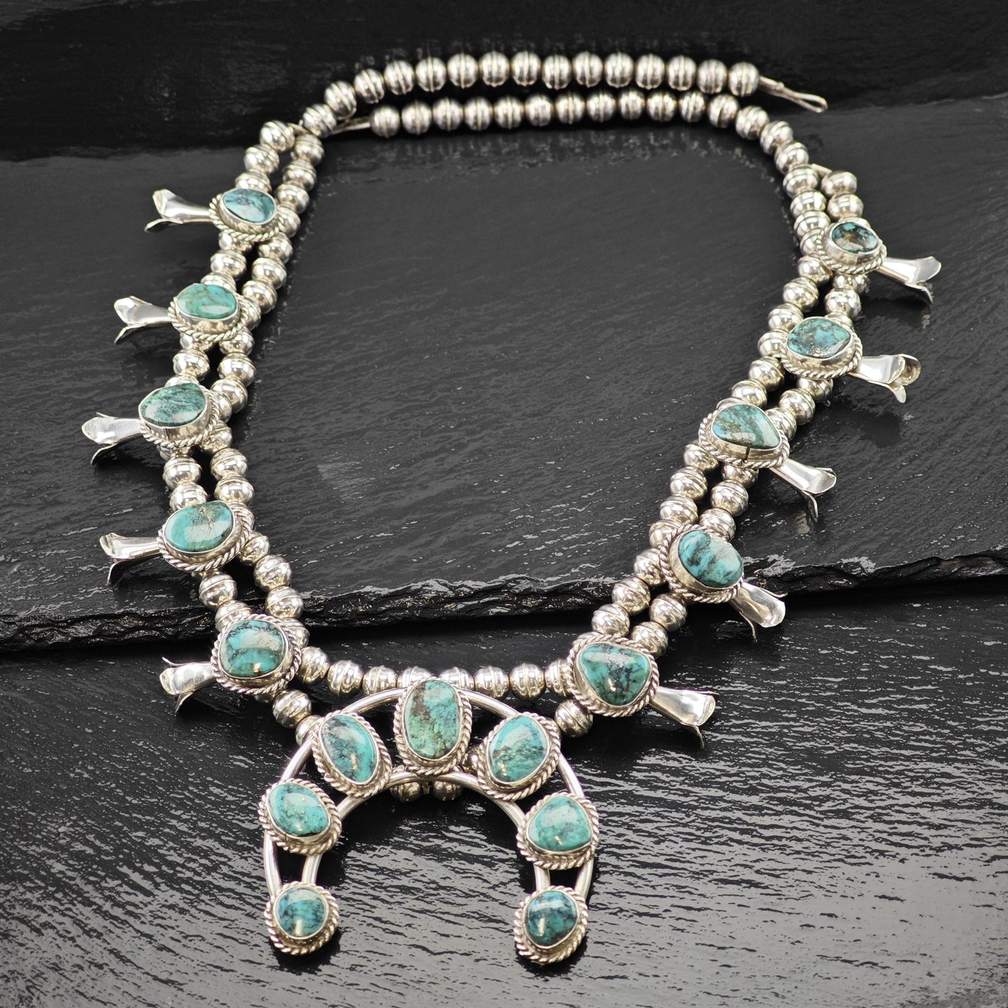 Sw Sterling Silver Blue Turquoise Squash Blossom Necklace 25"