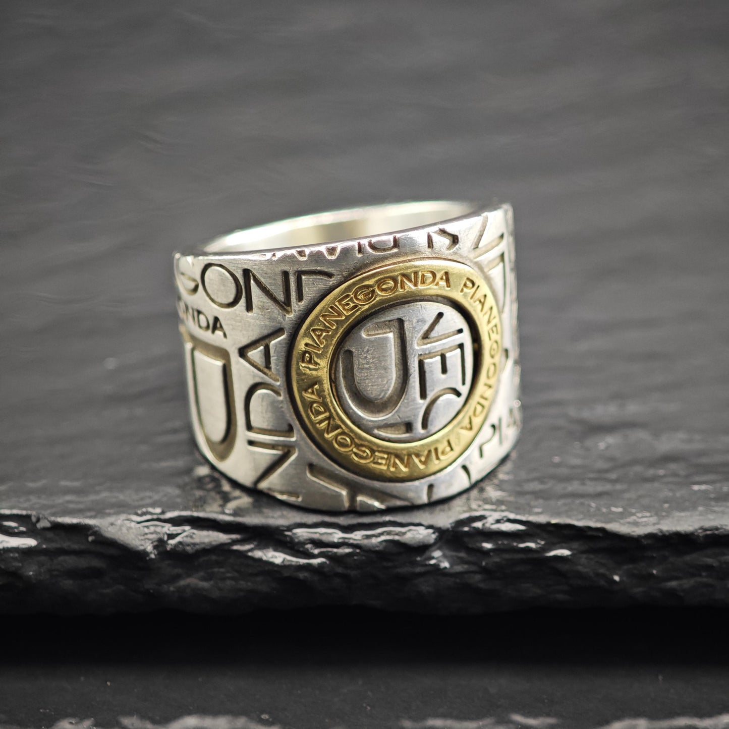 Pianegonda Gold Accent Stamped Design Sterling Silver Ring Sz 8 1/2 R6642