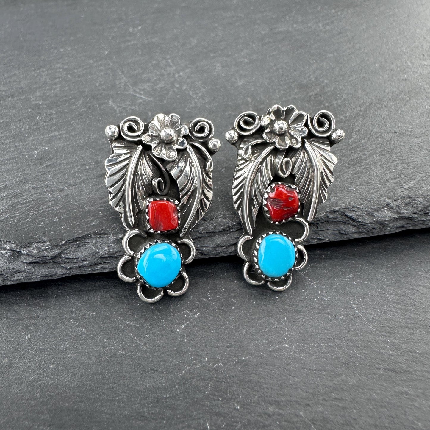 Native American Turquoise & Coral Stud Earrings Sterling Silver