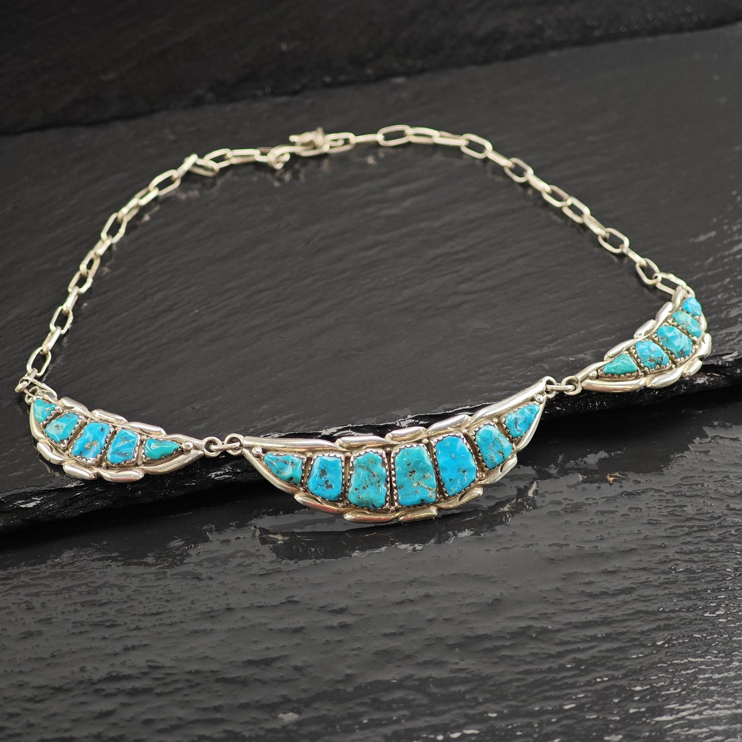 Vintage Zuni Quam Turquoise Sterling Silver Necklace N2723