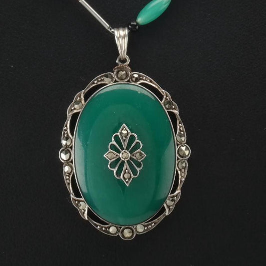 Art Deco Chrysoprase, Onyx, Marcasite Sterling Silver Necklace N2375