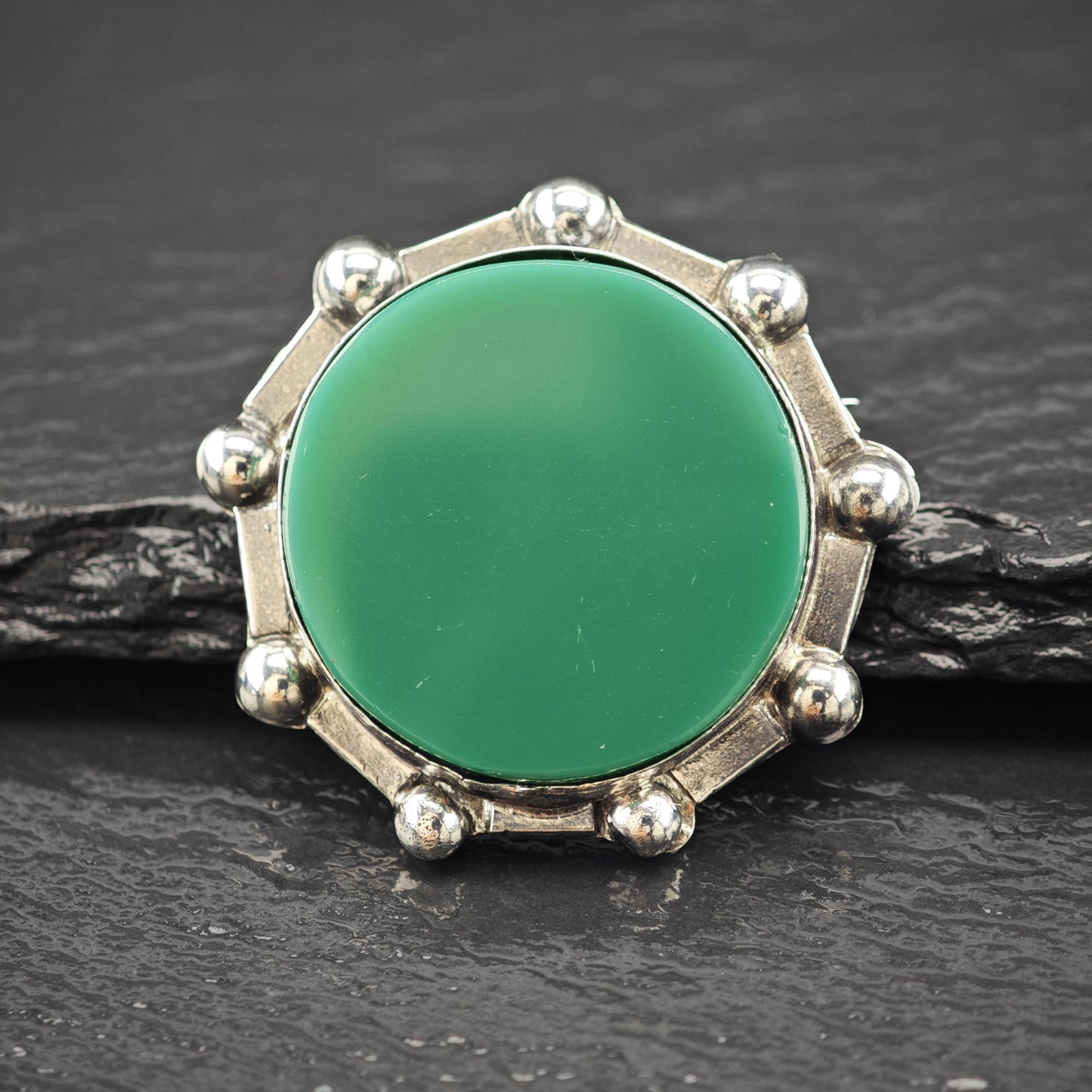 Mexico Sterling Silver Brooch Round Green Onyx