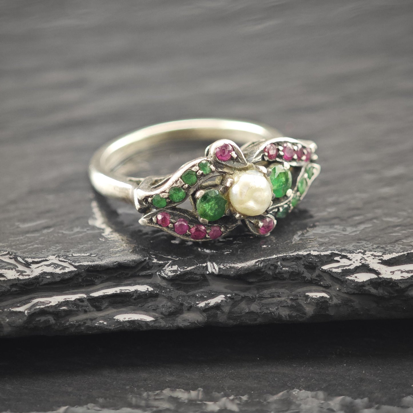 Antique Victorian Emerald Ruby Natural Pearl Ring Sterling Silver Size 6 3/4