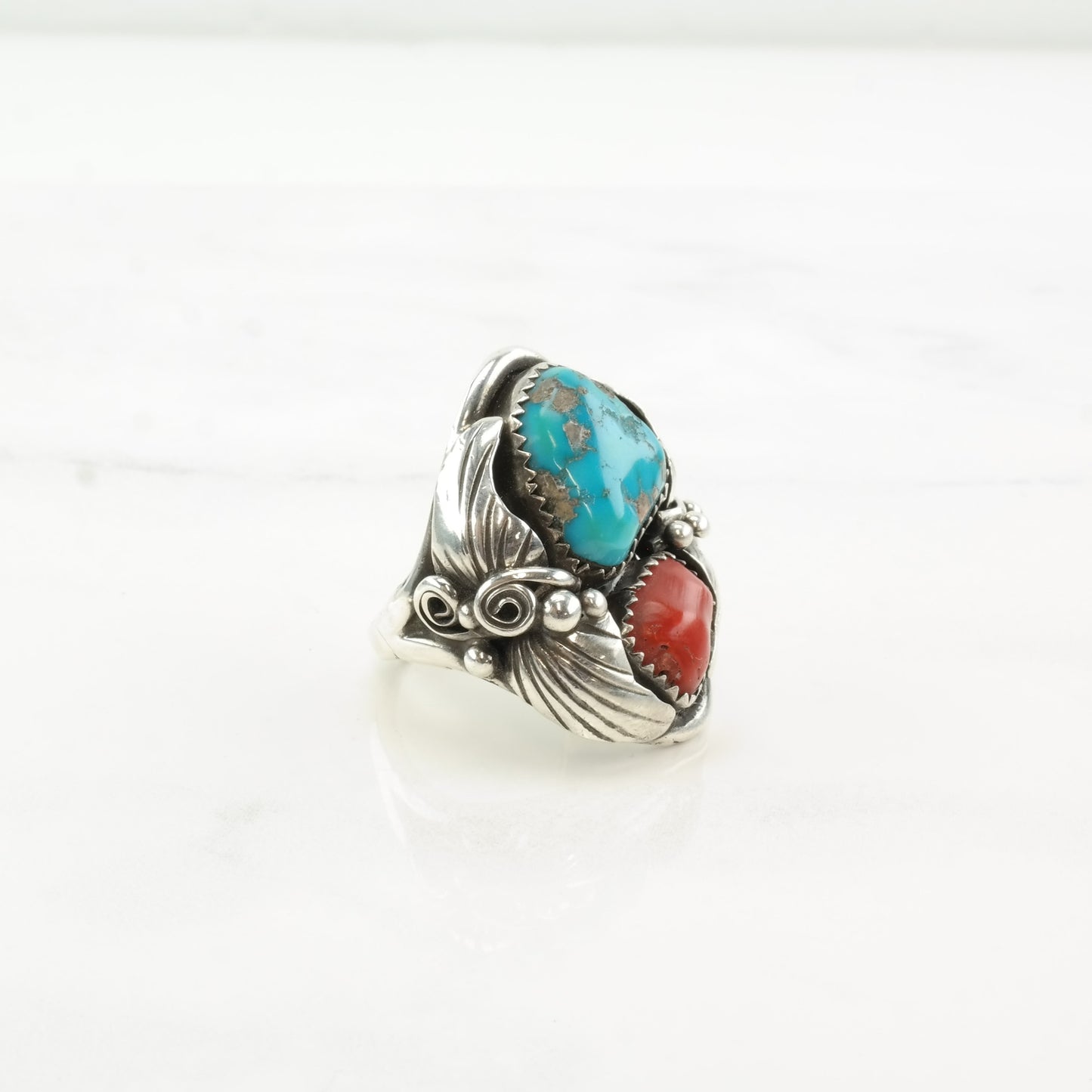 Native American Silver Ring Turquoise Coral Leaf Sterling Size 7 1/4