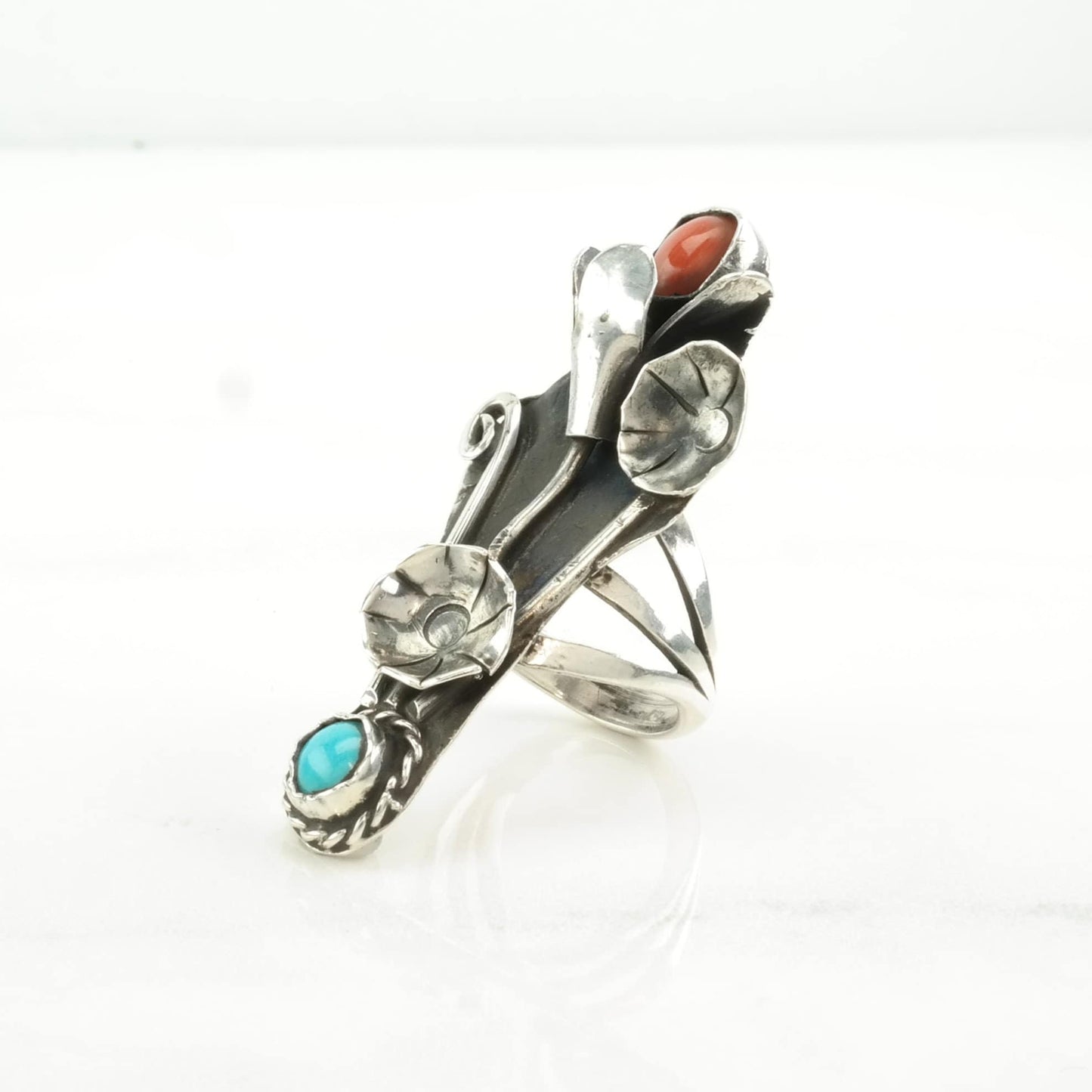 Southwest Silver Ring Turquoise, Coral Floral, Long, Navette Sterling Blue, Red Size 4