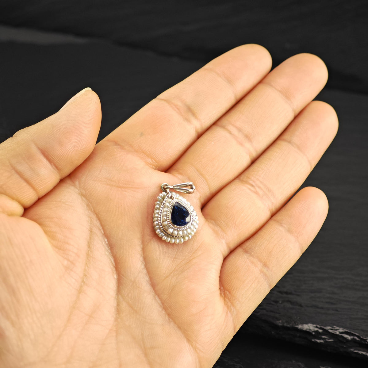 Victorian Natural Sapphire Seed Pearl, 14K White Gold Pendant P3107
