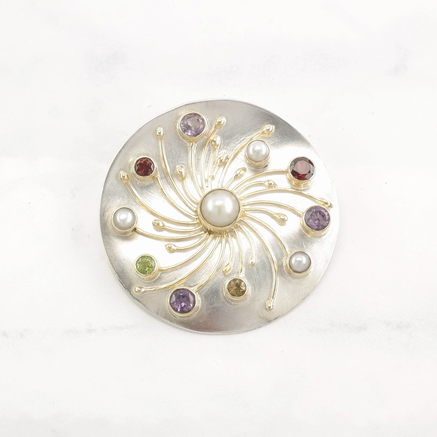 Vintage Modernist Pearl, Multi Gemstone Sterling Silver Pendant Brooch