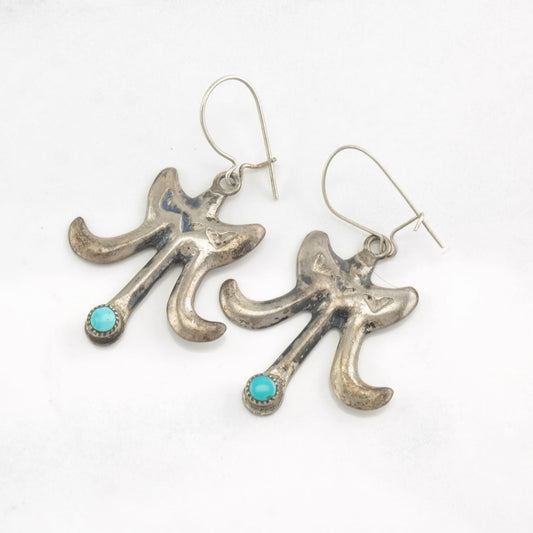 Native American Sterling Silver Turquoise Stamped, Sandcast, Earrings Fish Hook, Dangle