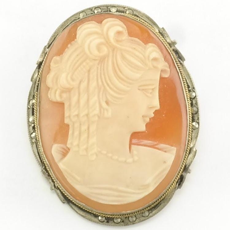 Orange Silver Brooch Pendant Female, Portrait, Marcasite Cameo Sterling B1839