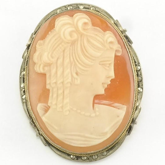 Vintage Orange Silver Brooch Pendant Female, Portrait, Marcasite Cameo Sterling