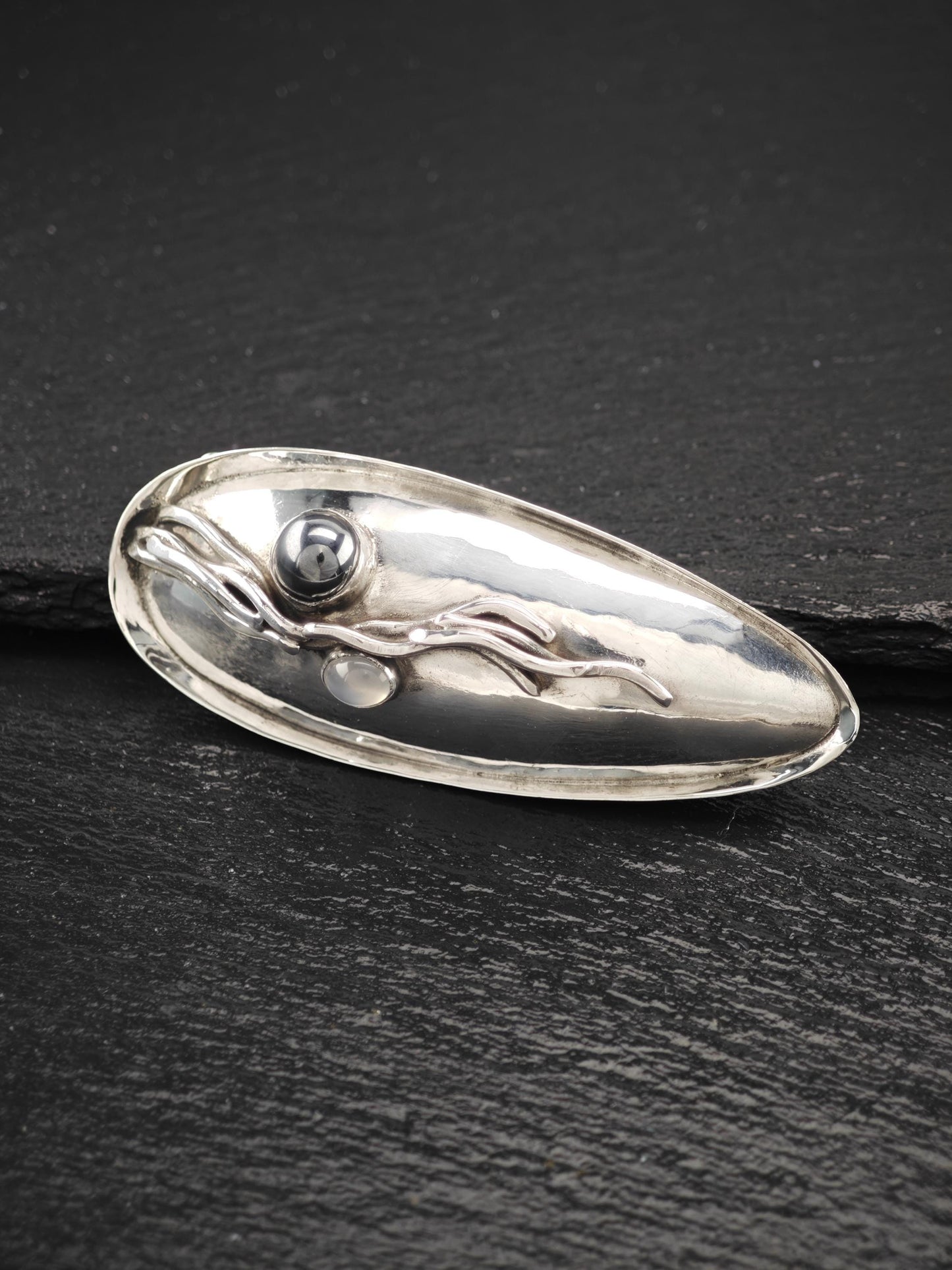 Margaret Ellis Hallow Hematite, Moonstone Brooch/Pendant Sterling Silver