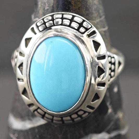 Vintage Oval Block Turquoise Ring Sterling Silver