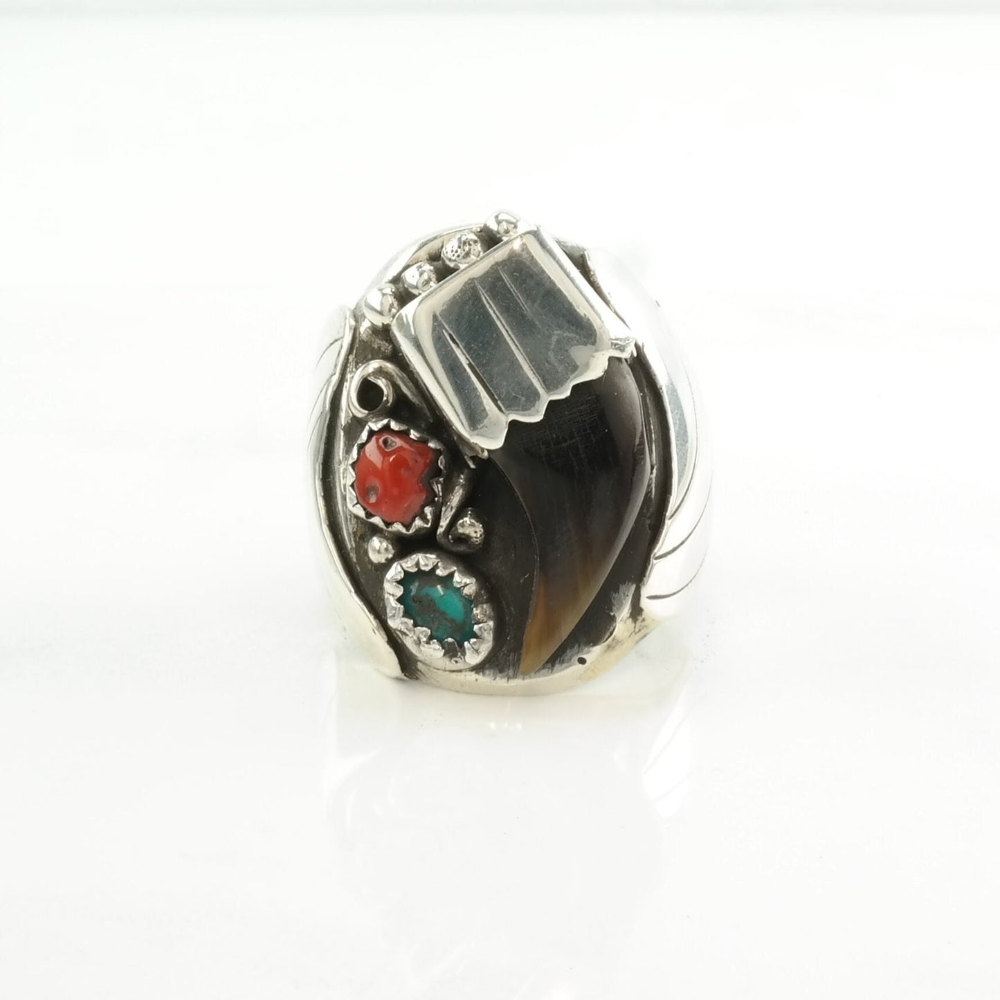 Native American Silver Ring Turquoise, Coral, Coyote Claw Leaf Sterling Blue, Red Size 11 1/2