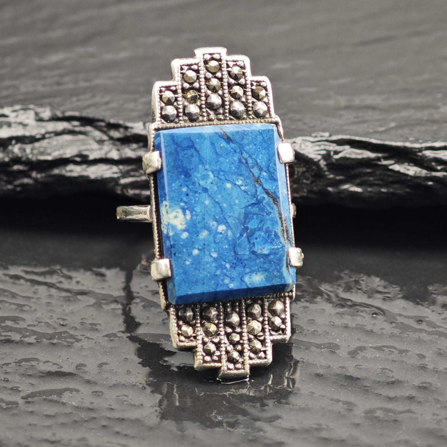 Art Deco Blue Gemstone Sterling Silver Ring Sz 3 1/4 R6593
