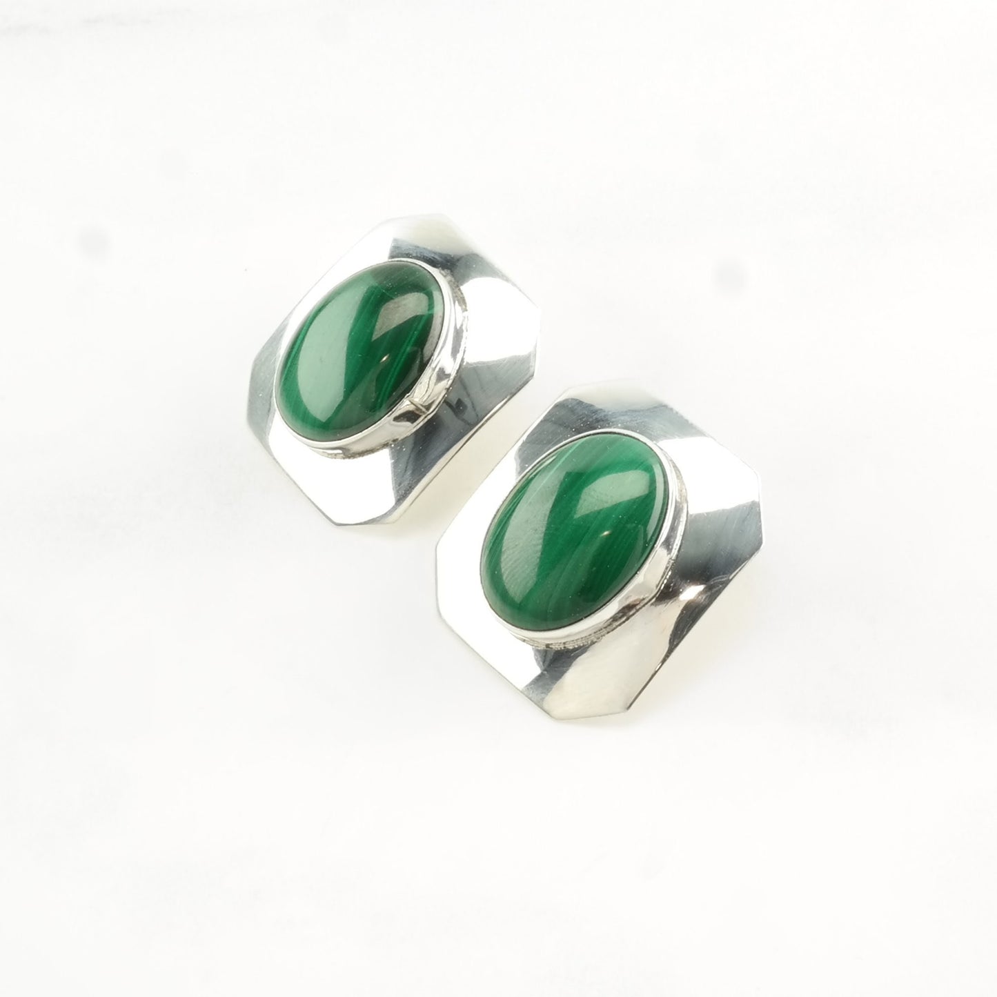 Vintage Sterling Silver Green Malachite Earrings Stud