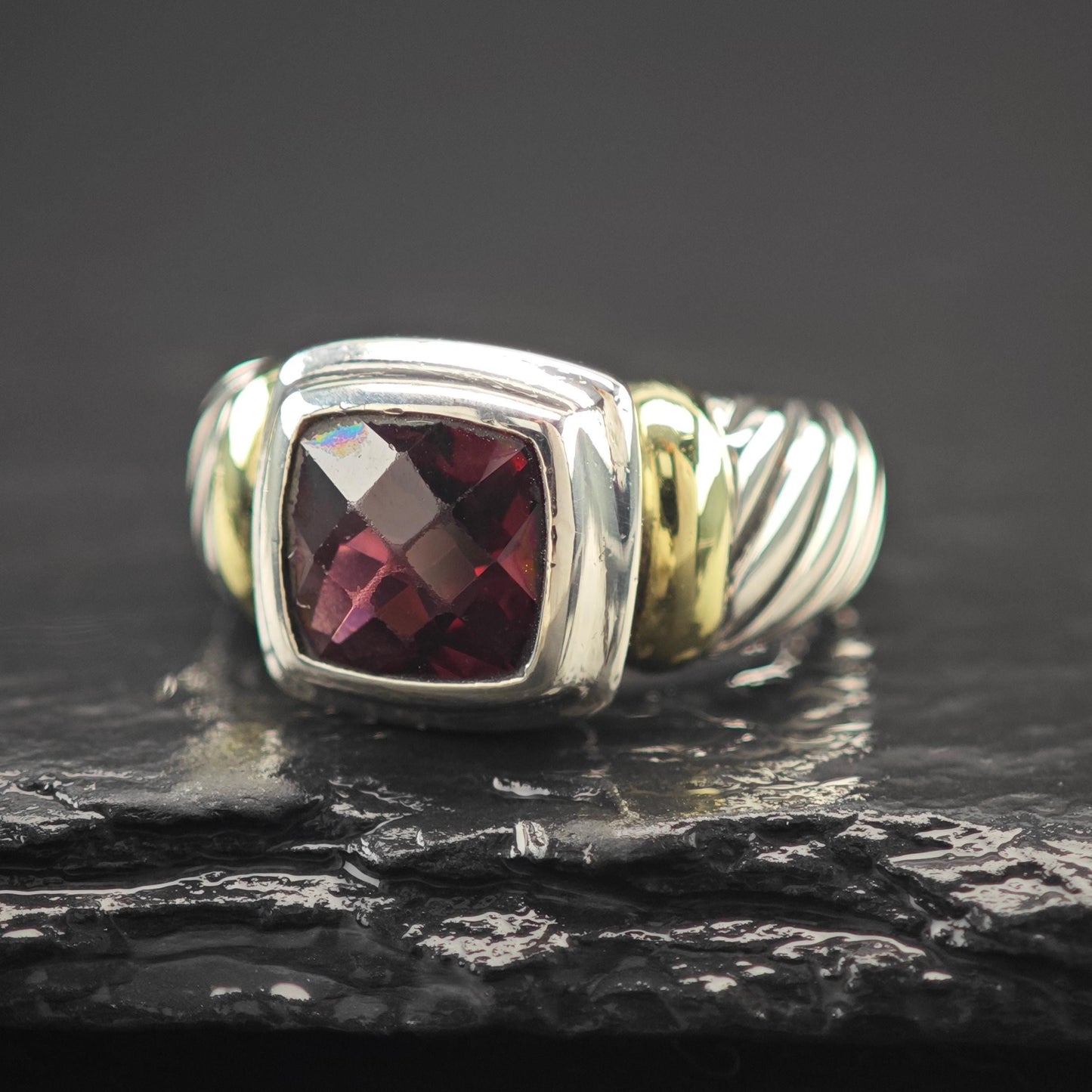 David Yurman Garnet 14K Gold Accent Ring Sterling Silver